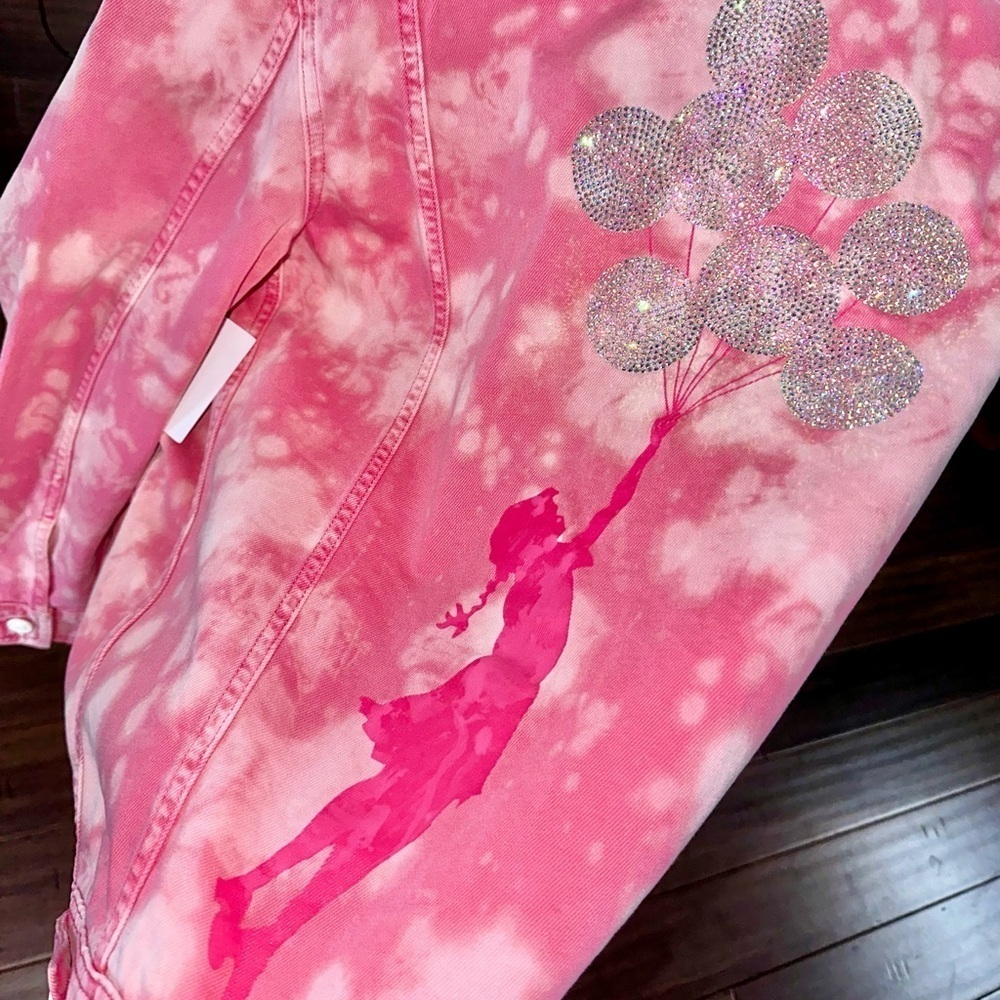 Rare💕Oversized jacket Guess Pink Tie Dye denim jacket y2k bling jacket Banksy - Picture 13 of 17